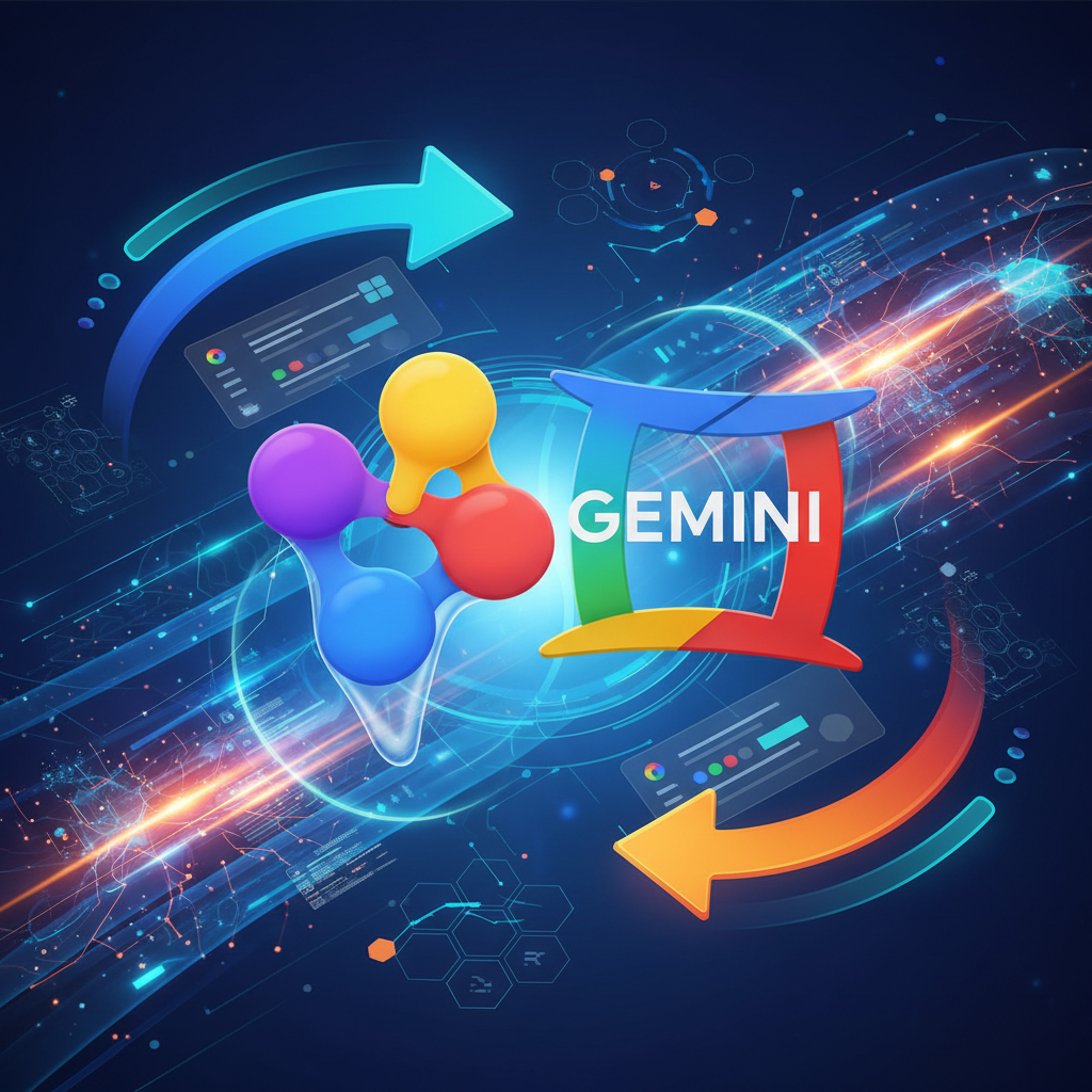 A dynamic infographic showing the Figma logo seamlessly integrating with the Google Gemini logo. Futuristic design elements, data flow arrows, and abstract representations of AI and design tools surrounding them. Clean, modern, vibrant colors. No text in image.