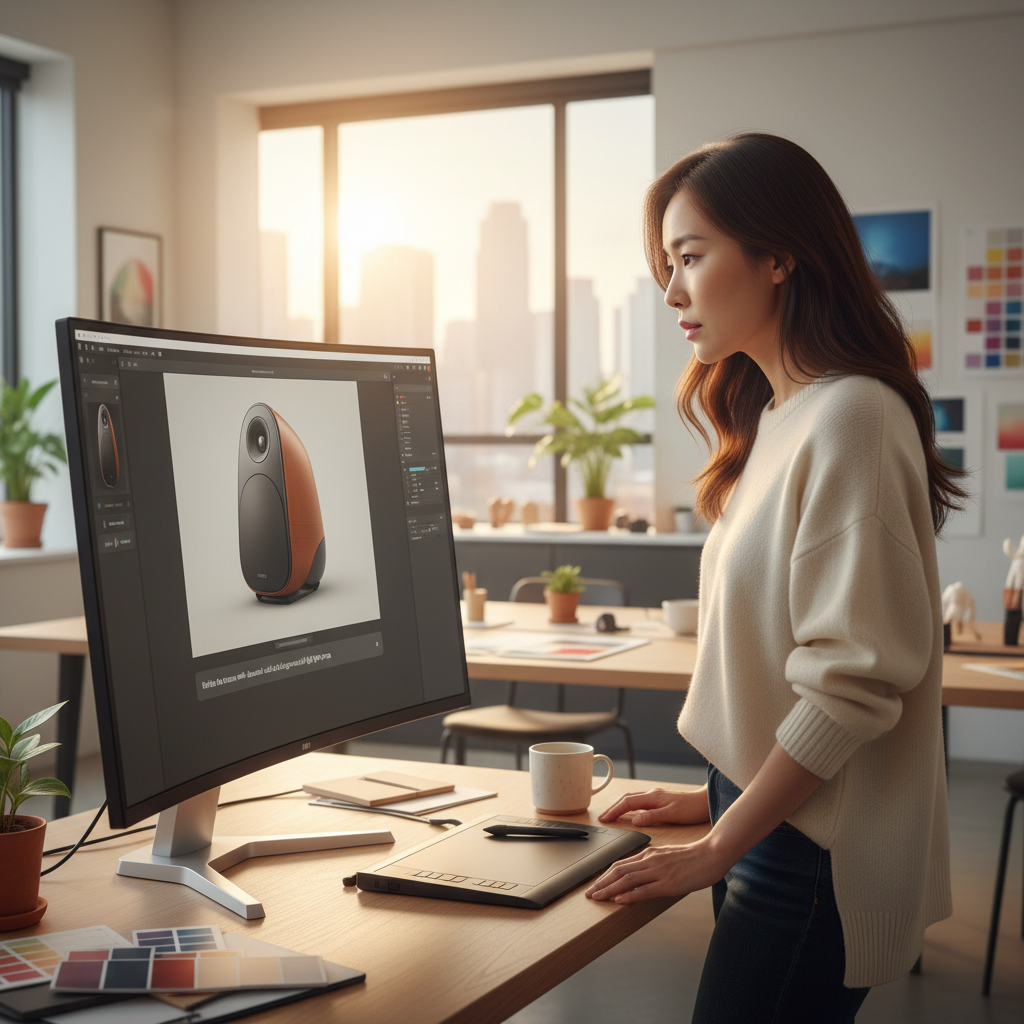 A Korean product designer, female, mid-30s, looking focused at a monitor displaying Figma. On the screen, a partially generated AI image is being refined with a text prompt. The designer has a tablet next to her, possibly for sketching. The background is a clean, modern design studio. Lifestyle photography, warm lighting. No text in image.