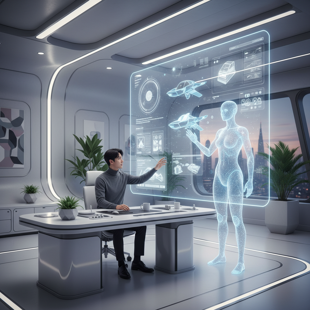 A futuristic, minimalist design studio. A Korean designer, male, late 20s, is collaborating with a sleek, translucent AI interface on a large holographic display. The display shows intricate 3D models and UI designs being generated and refined. Soft, ambient lighting. Clean, high-tech aesthetic. No text in image.