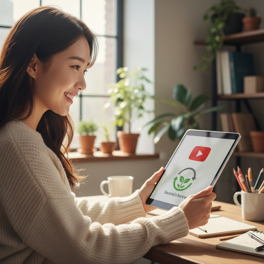 A hopeful Korean male or female creator looking at a tablet displaying the YouTube logo and a "second chance" icon. The scene is bright and optimistic, with natural lighting. Lifestyle photography, no text.