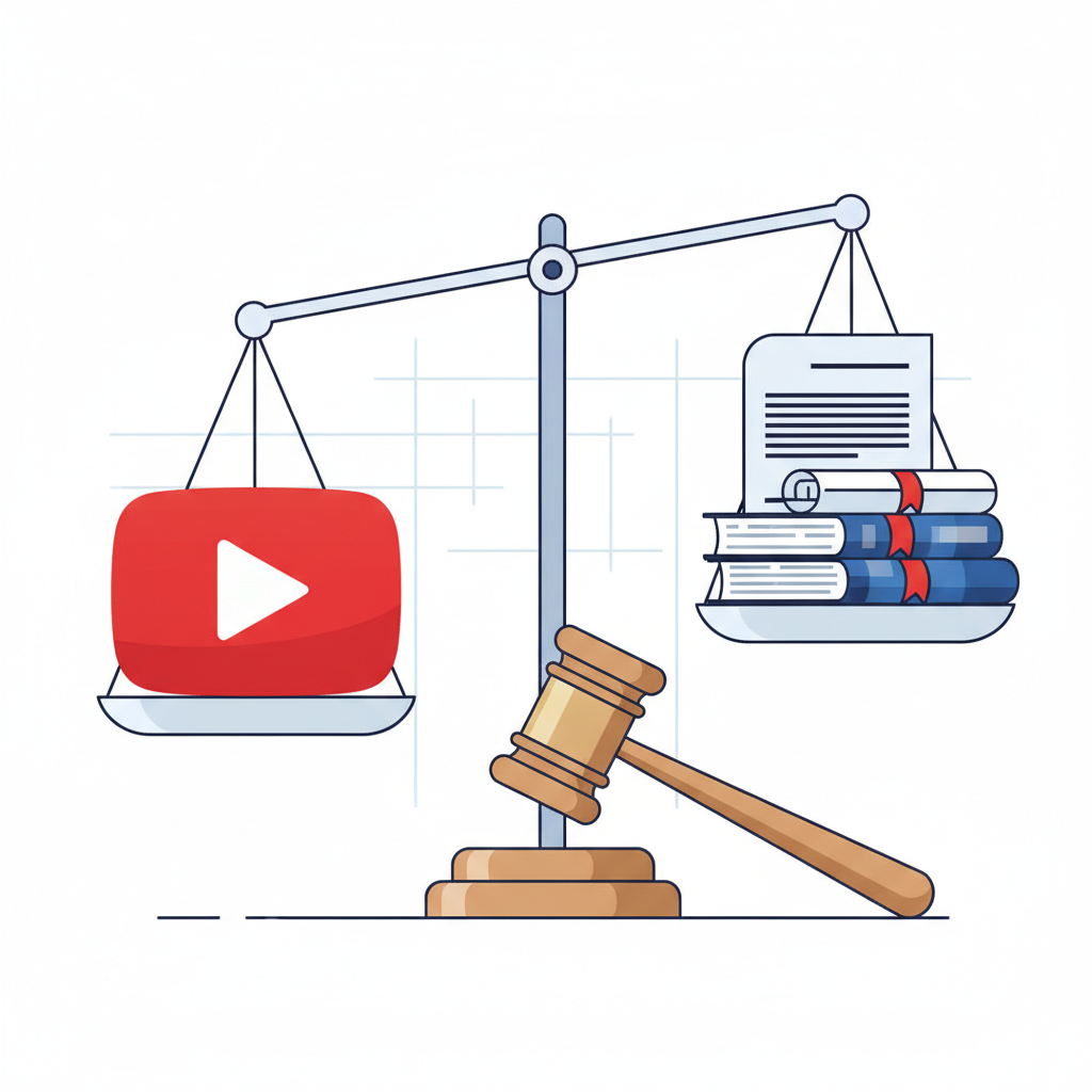 A visual metaphor of a YouTube play button on one side of a balance scale and legal documents on the other, symbolizing policy changes and legal considerations. Clean infographic style, no text.