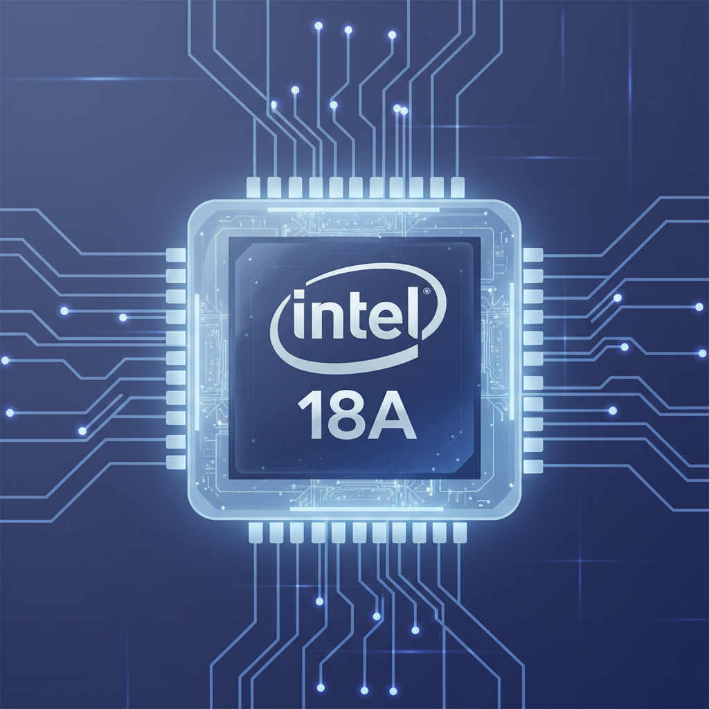 A clean infographic showing an advanced semiconductor chip with the Intel logo and "18A" prominently displayed. The chip is glowing faintly, suggesting cutting-edge technology. The background is a subtle, futuristic circuit board pattern. No text in image. Style: clean infographic.