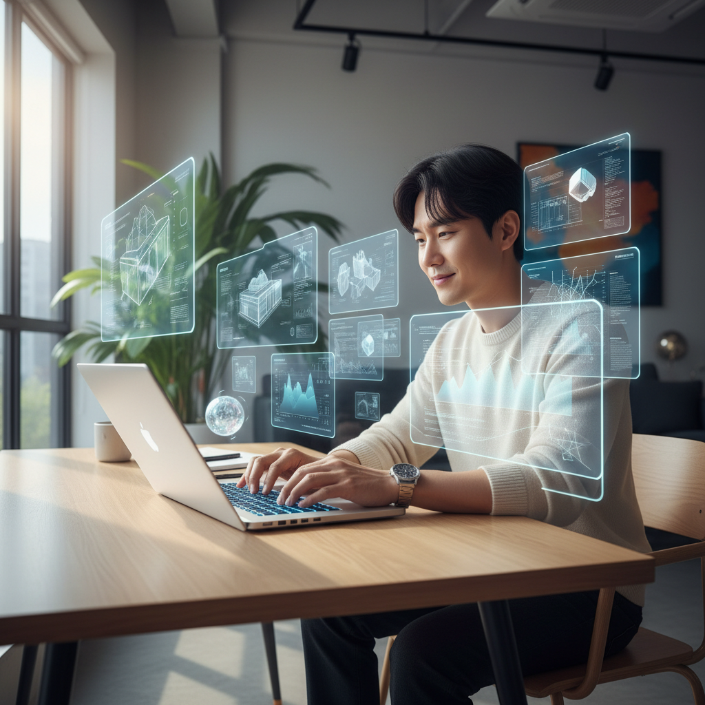 A Korean person working intensely on a sleek, modern laptop, surrounded by futuristic holographic interfaces showing complex data and creative projects. The person looks focused and productive, benefiting from advanced processing power. Natural lighting, indoors. No text in image. Style: lifestyle photography.