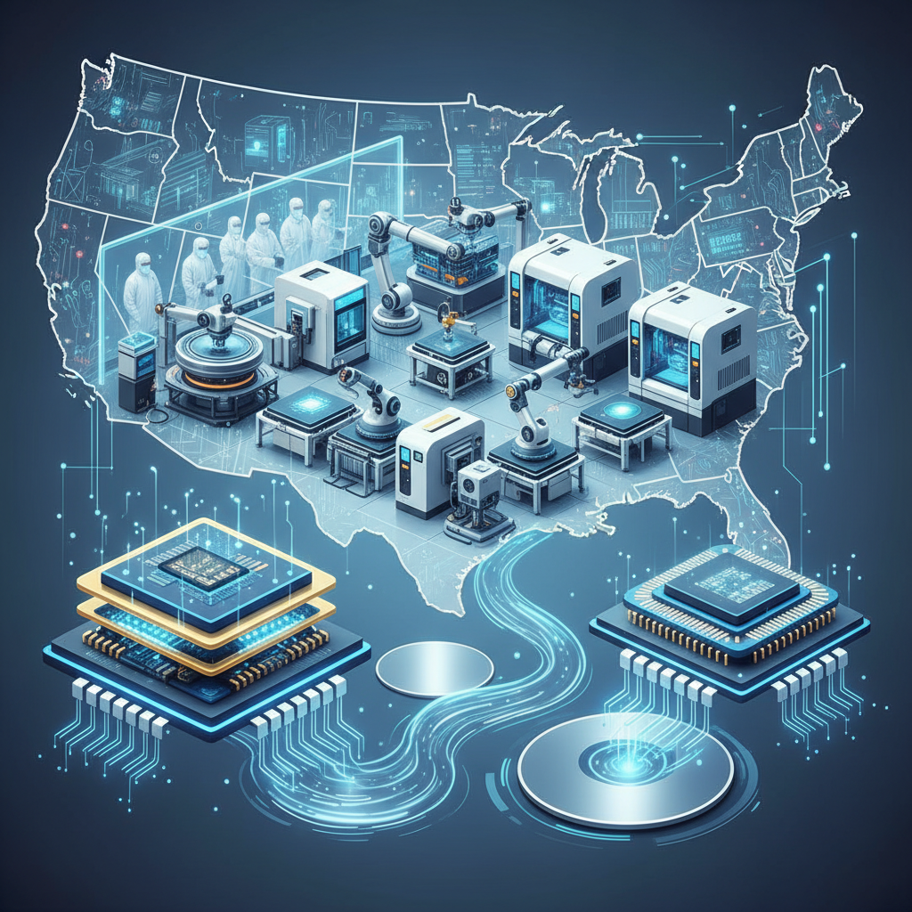An infographic showing a modern semiconductor fabrication plant (fab) with subtle elements of the USA map in the background, symbolizing domestic production. Advanced microchips are depicted in the foreground, highlighting innovation and manufacturing. Clean, futuristic style. No text in image. Style: infographic.