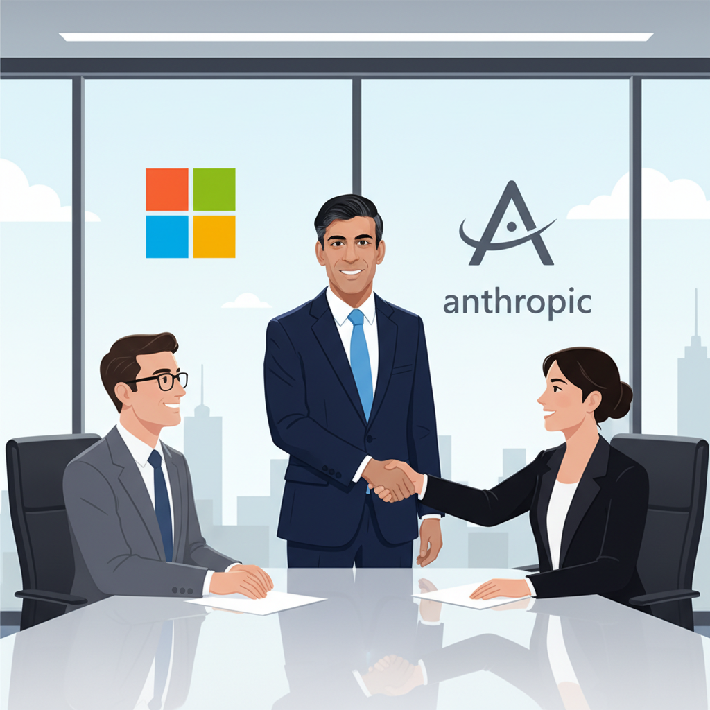 Rishi Sunak in a professional setting, shaking hands with representatives from Microsoft and Anthropic logos subtly in the background. He is wearing a suit, looking confident. Style: corporate illustration, no text.