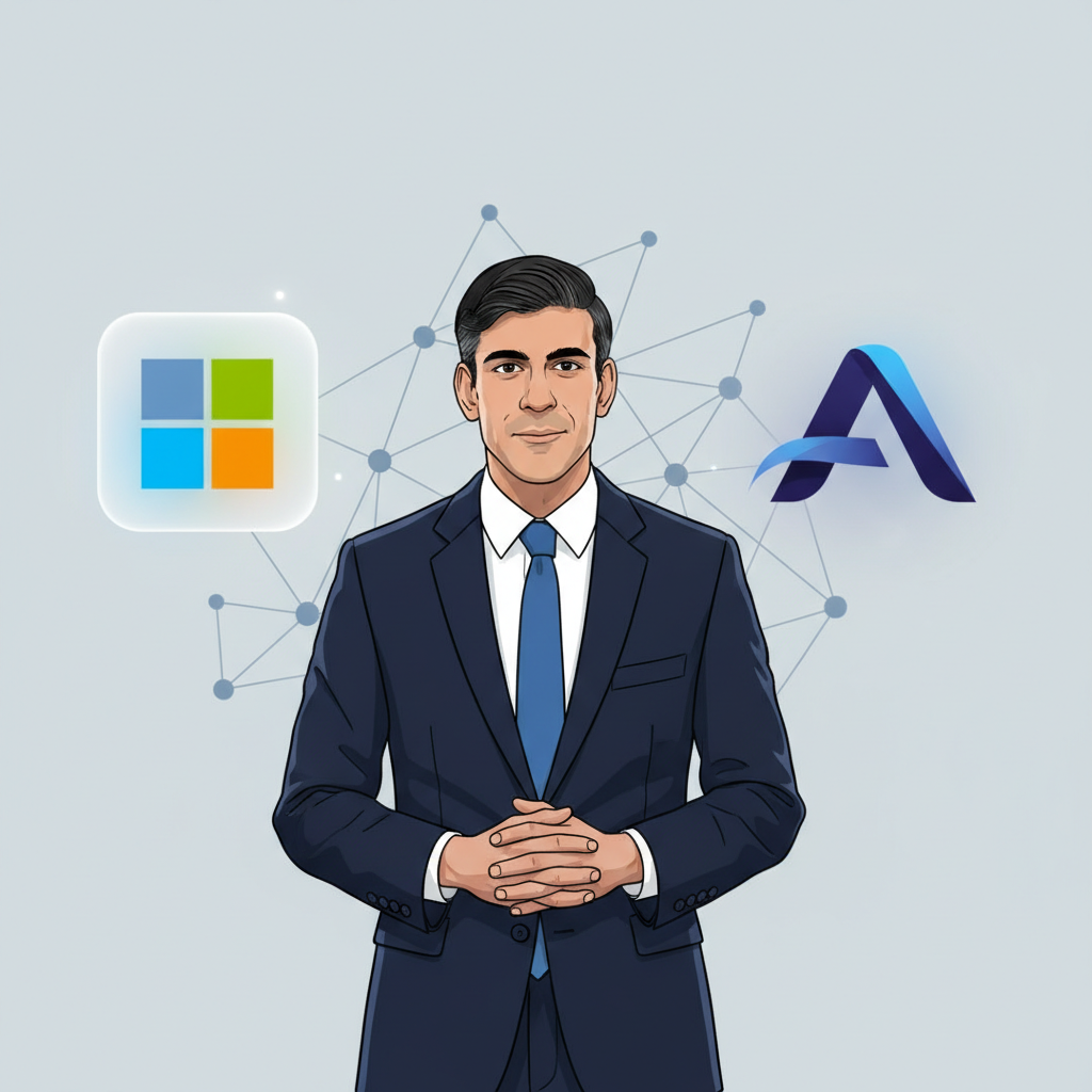 An illustration depicting Rishi Sunak, wearing a sharp suit, standing confidently between two subtle logos: Microsoft and Anthropic. A symbolic representation of his advisory roles in the tech world. Style: clean infographic, no text.