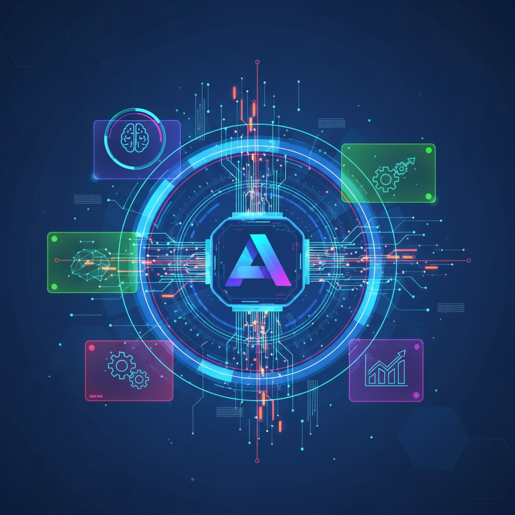 A stylized illustration showing a vibrant, futuristic AI interface with the Anthropic logo subtly integrated. Represents the cutting-edge nature of AI development and its impact on various sectors. Style: clean infographic, no text.
