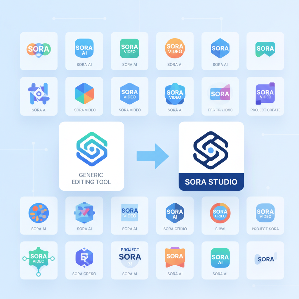 A digital marketplace interface with various app icons, some clearly displaying "Sora" or similar keywords. An arrow indicates one app changing its name from a generic title to a Sora-related one, symbolizing rebranding for search optimization. Bright, clean infographic style, no text.