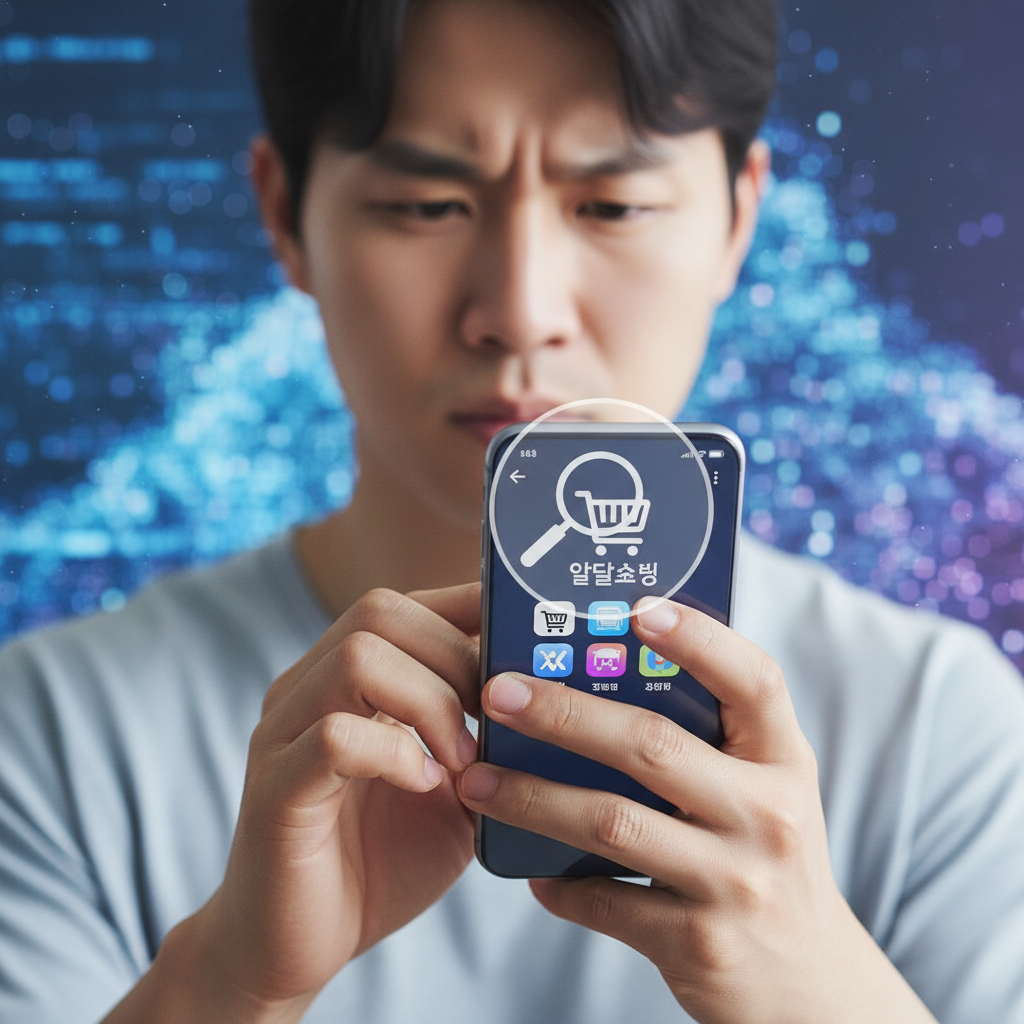 A Korean person holding a smartphone, carefully scrutinizing an app listing on the screen. A magnifying glass icon is superimposed over the app icon, symbolizing careful review. The background is a blurred digital interface. Lifestyle photography style, no text.