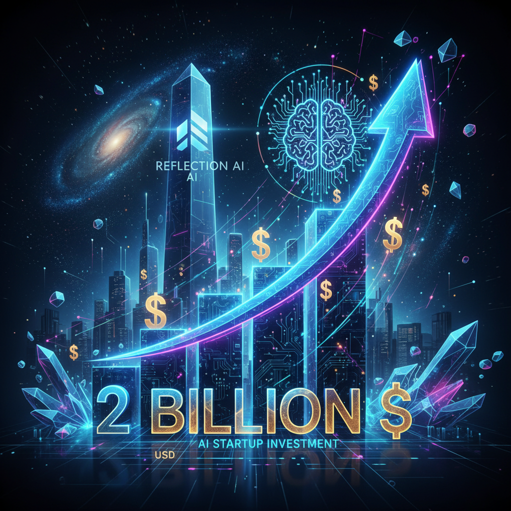 A vibrant infographic illustrating a significant investment of $2 billion into an AI startup named Reflection AI. The scene shows a stylized graph pointing upwards, with dollar signs and AI-related icons (like a neural network or circuit board). The overall atmosphere is futuristic and innovative, conveying growth and challenge. No text.