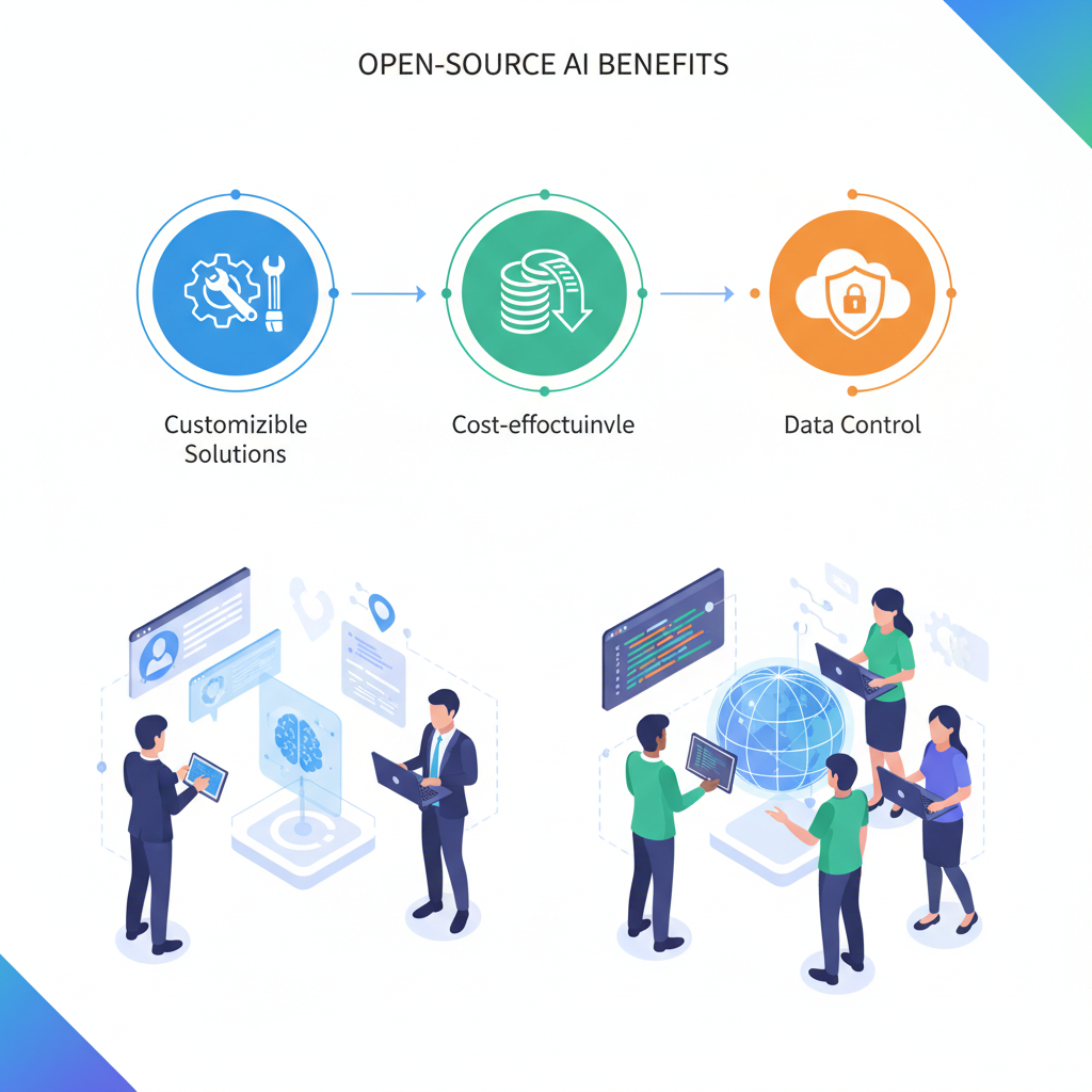 An infographic depicting the benefits of open-source AI models for businesses and governments. Icons representing customizable solutions, cost-effectiveness, and data control are prominent. A diverse group of developers and business people are shown interacting with AI interfaces in a professional, clean infographic style. No text.