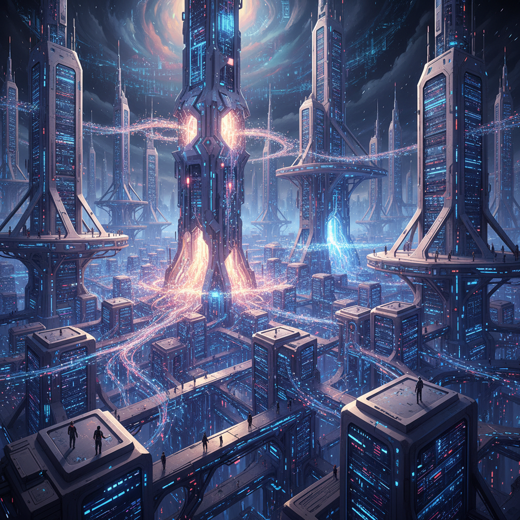 A stylized illustration of a massive data center with countless servers, glowing with digital light, representing powerful compute clusters for training advanced AI models like LLMs. The scale should feel immense and futuristic, depicting the core of advanced AI development. Style: sci-fi inspired illustration. No text.