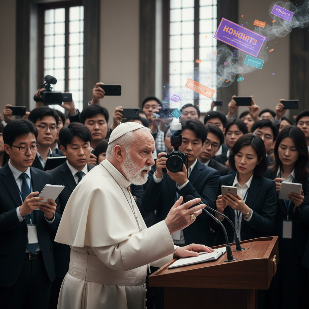Pope Leo XIV speaking to journalists, looking concerned about the ethical challenges in news media, with subtle graphic elements representing clickbait headlines floating away. Style: news photography, no text, Korean people in audience.
