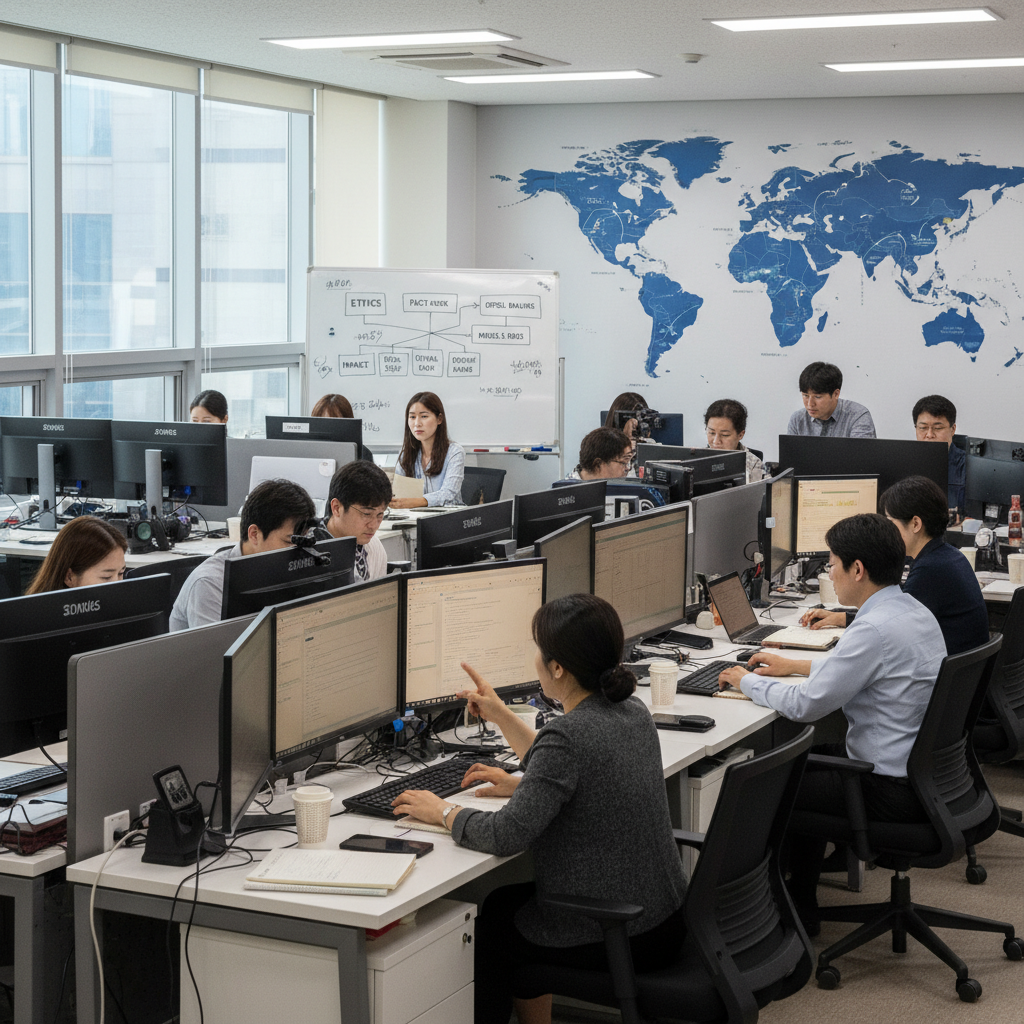 A diverse group of Korean journalists working diligently in a newsroom, focusing on ethical reporting and critical thinking, with world maps in the background. Style: modern news photography, natural light, no text.