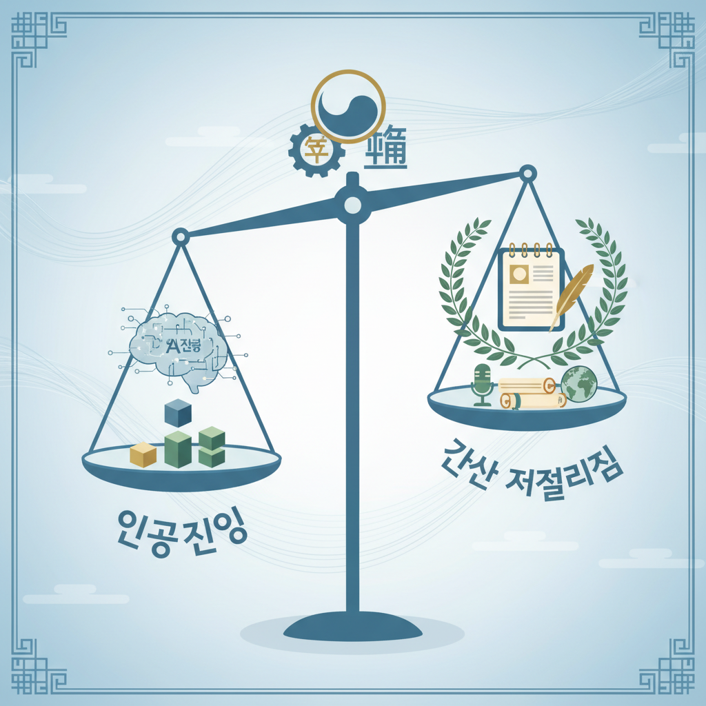 A visual metaphor showing a balance scale with "AI" on one side and "Human Journalism" on the other, symbolizing the need for ethical balance in news production, with Korean elements. Style: clean infographic, no text.