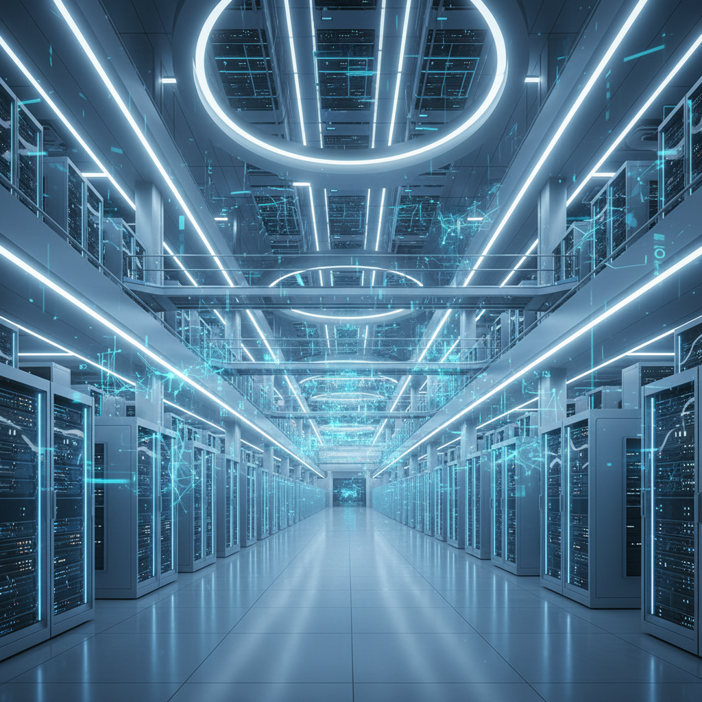A futuristic, vast interior of a Microsoft AI data center, with rows of glowing server racks stretching into the distance. Clean, modern aesthetic with blue and white lights, emphasizing scale and advanced technology. No text, clean infographic style.