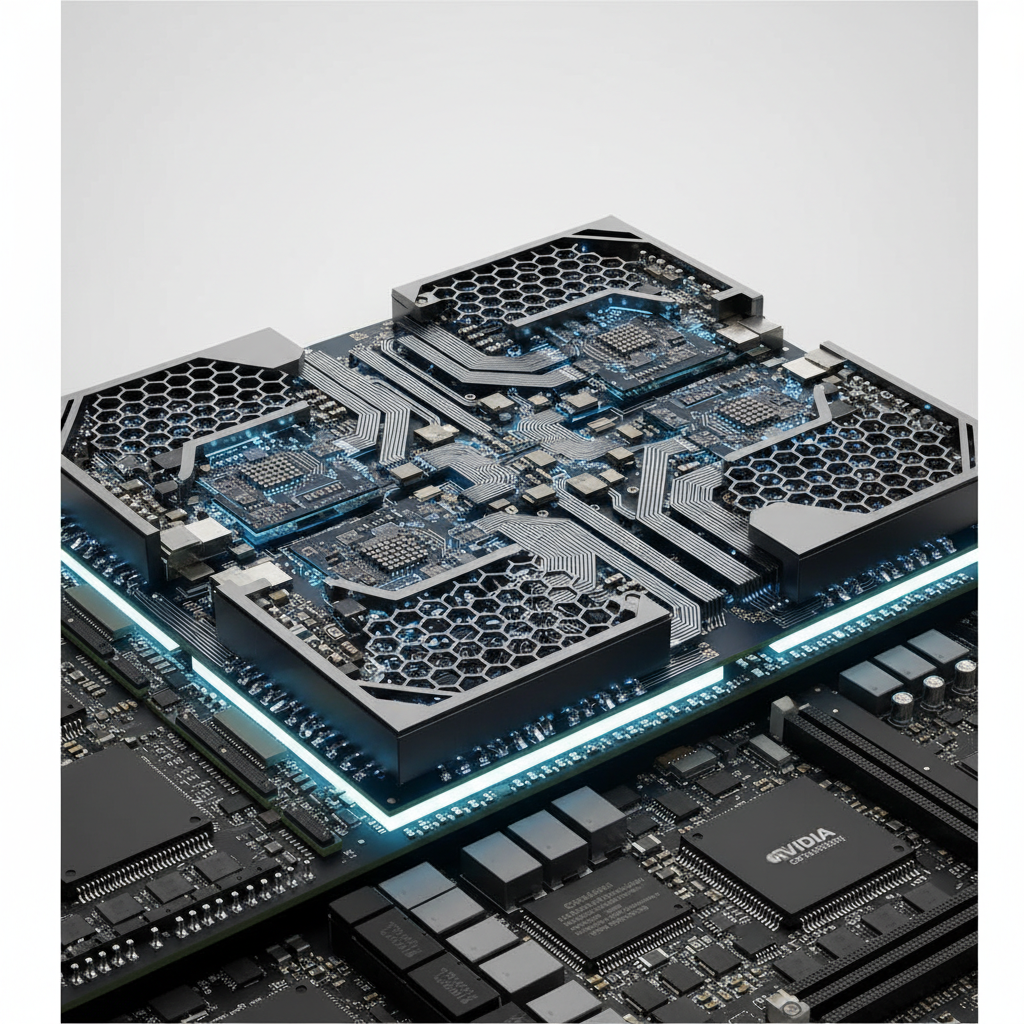 A close-up, detailed shot of an Nvidia GB300 GPU chip or a server rack populated with multiple GB300s, showcasing its intricate design and power. Emphasize advanced circuitry and high-tech feel with subtle lighting. No text, clean infographic style.