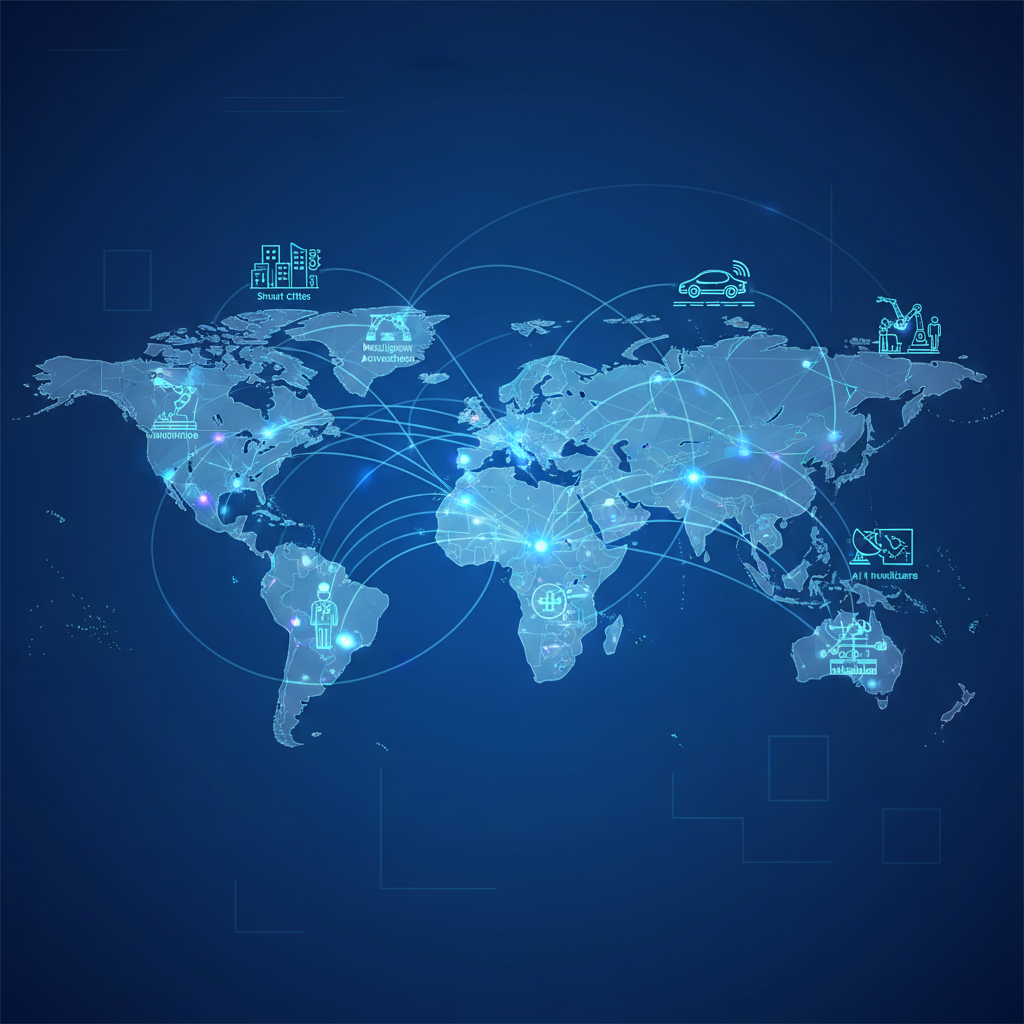 An illustrative infographic of a global network, showing interconnected data centers (represented as glowing nodes) across a world map. Data streams flow between them, leading to various AI applications like smart cities or autonomous vehicles. Emphasize global reach and seamless connectivity. No text, clean infographic style.