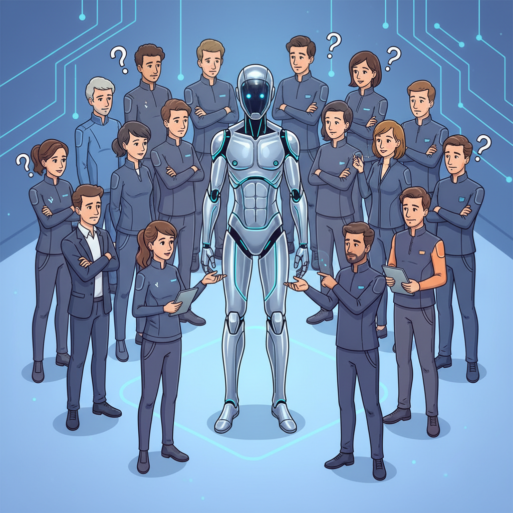 A diverse group of robotics experts and venture capitalists looking at a futuristic humanoid robot with mixed expressions of skepticism and hope. The robot is sleek but currently inactive. Style: clean infographic with a slight science-fiction feel. No text in image.