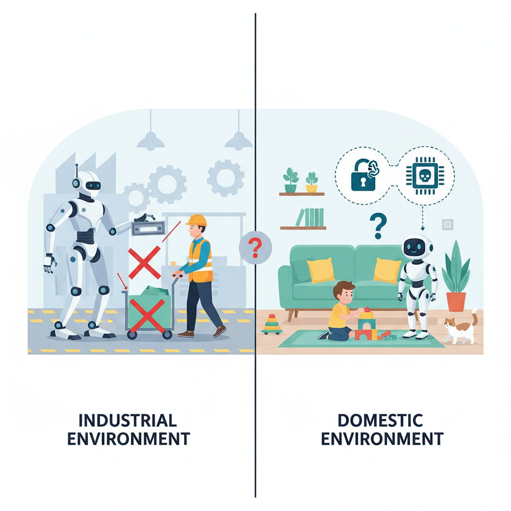 An infographic illustrating the potential safety concerns of humanoid robots in different environments. One side shows a factory floor with a robot near a human worker, emphasizing a potential collision. The other side shows a robot in a home setting near a child or pet, with a question mark about safety and hacking. Style: clean infographic. No text.