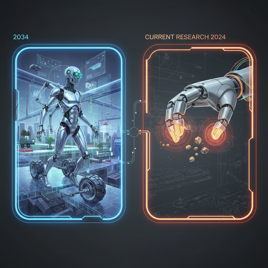 A split image. On one side, a futuristic humanoid robot with wheels and non-human features interacting with a complex environment, suggesting a decade-long future vision. On the other side, an close-up of a robot hand demonstrating precise dexterity, with sensors or haptic feedback visuals, representing current research and development. Style: sci-fi illustration meets clean technical infographic. No text.