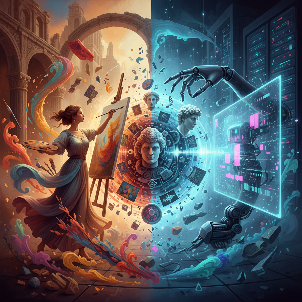 A thought-provoking illustration contrasting human artistry (a painter with a brush) and AI art generation (a robot with digital brushes on a screen), surrounded by various art forms like paintings, sculptures, and music notes. The style is modern illustration with a touch of surrealism. No text.