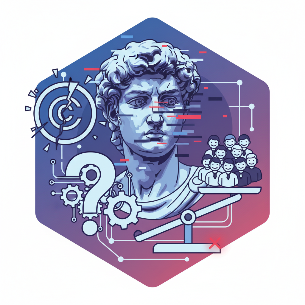 An illustration depicting various ethical dilemmas and limitations in AI art. Elements like a broken or distorted AI-generated artwork, copyright symbols, a question mark, and a subtle hint of bias (e.g., disproportionate representation) are visible. Style is a clear and concise infographic. No text.