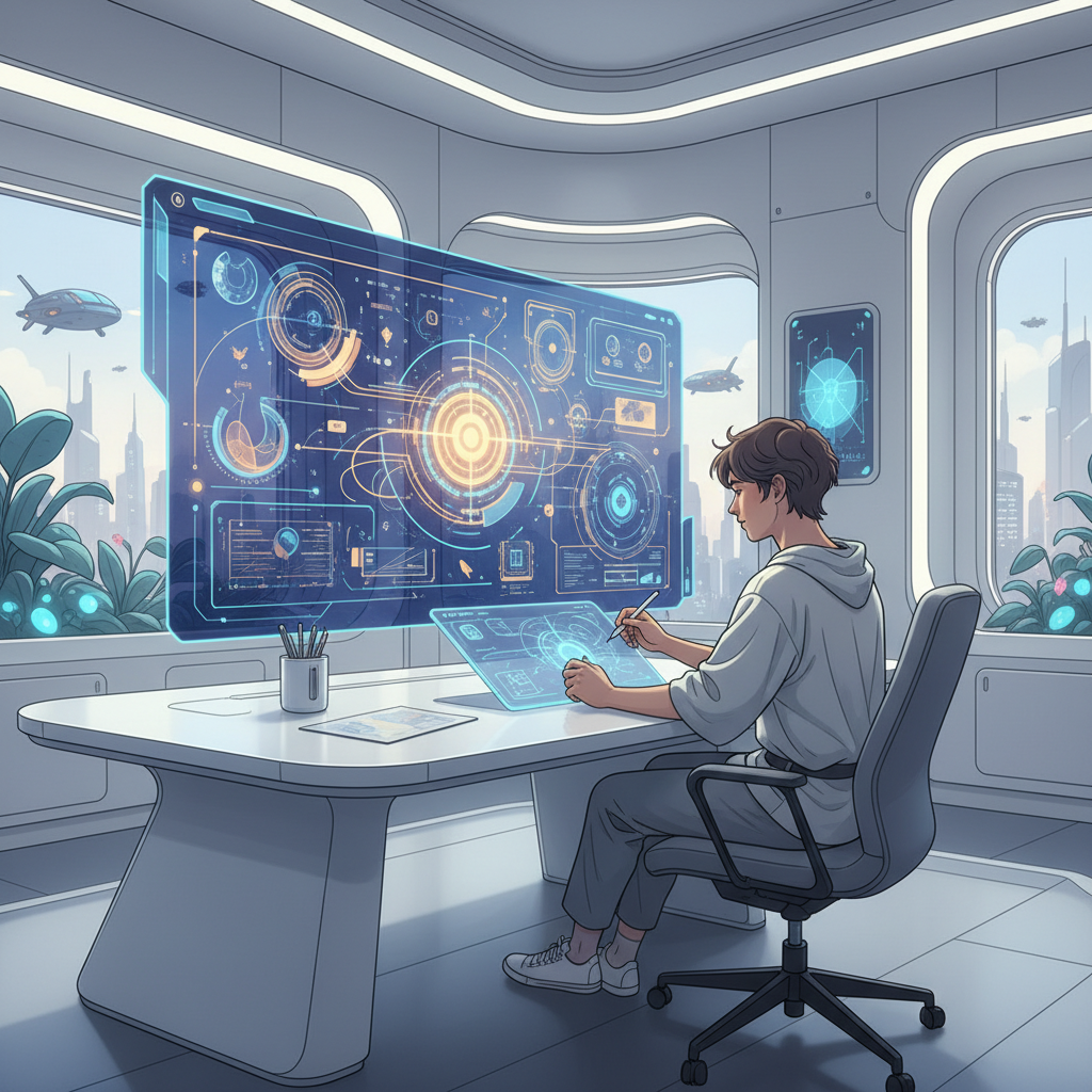 A modern illustration showing a human artist collaborating with an AI. The artist is sketching on a tablet, while a holographic AI interface projects creative ideas or patterns. They are working together in a harmonious, futuristic studio setting. Style is clean and conceptual illustration. No text.