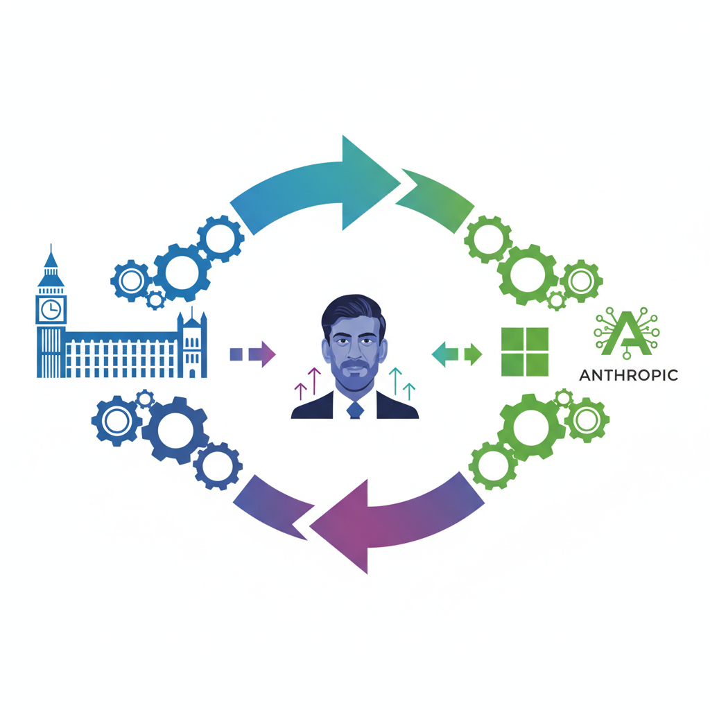An infographic illustrating Rishi Sunak's transition from UK Prime Minister to an advisor for AI tech giants like Microsoft and Anthropic, with gears and arrows showing political and tech sectors merging. Clean infographic style, no text.
