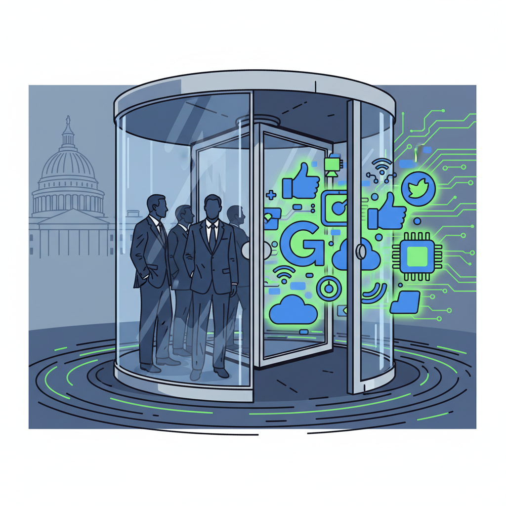 A stylized illustration depicting a revolving door with silhouettes of political figures entering one side and tech company logos appearing on the other, symbolizing the "revolving door" phenomenon between government and tech. Illustration style, no text.