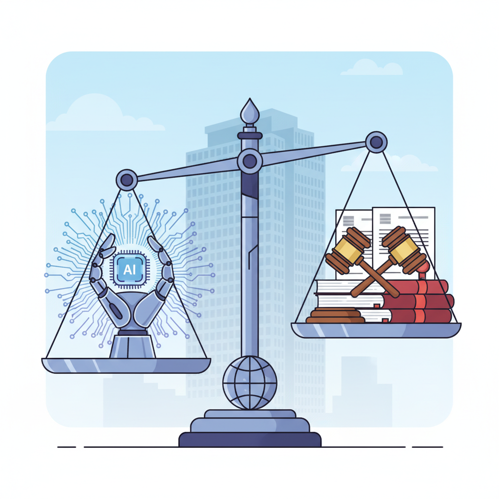 A balanced scale with one side representing AI innovation (depicted with futuristic circuits and a robot arm) and the other side representing government regulation (depicted with legal gavels and official documents). In the background, a subtle Korean office building. Clean infographic style, no text.