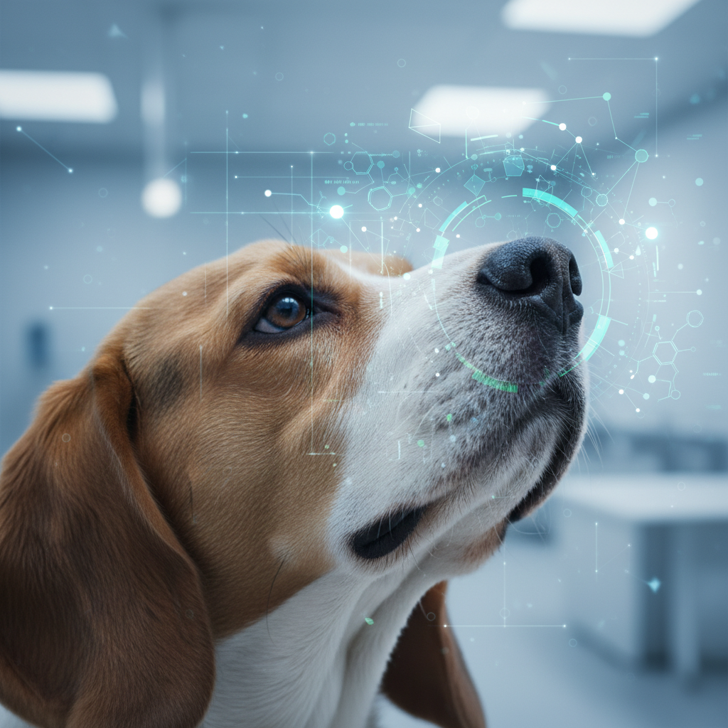 A stylized image of a friendly beagle dog's nose sniffing the air, with subtle digital overlay graphics representing AI analysis and molecular detection. The background is clean and futuristic, suggesting medical innovation. Korean setting is not specific. Clean infographic style, no text.