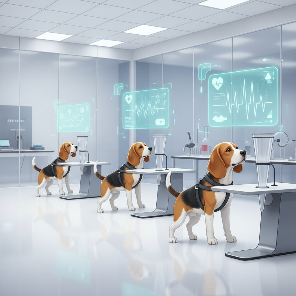 Trained beagle dogs in a clean, modern lab setting, actively sniffing breath samples. Subtle holographic interfaces or screens in the background display AI analysis, heart rates, and breathing patterns. The dogs look focused but comfortable. Scientific infographic style, no text.