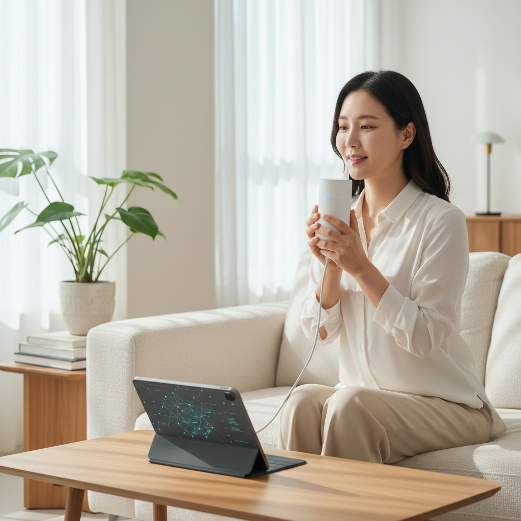 A Korean woman in her 30s comfortably collecting a breath sample at home using a simple kit. The background is a modern, clean living space. Subtle digital elements suggesting medical analysis and AI are present, but the focus is on ease of use and accessibility. Lifestyle photography, no text.