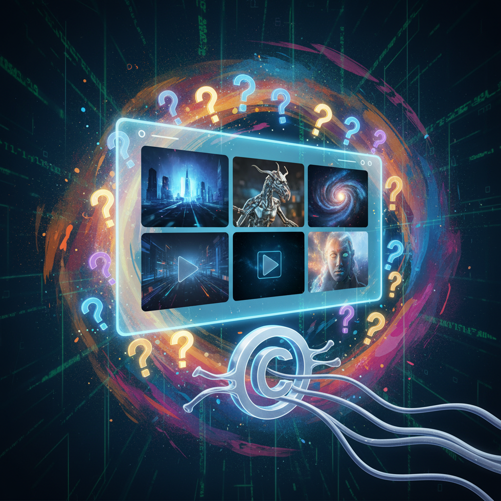 A digital illustration showing a futuristic AI video generator screen with various creative clips, surrounded by question marks and a stylized copyright symbol being stretched. The background is a mix of digital code and artistic elements, reflecting both technology and creativity. Natural light, clean infographic style. No text.