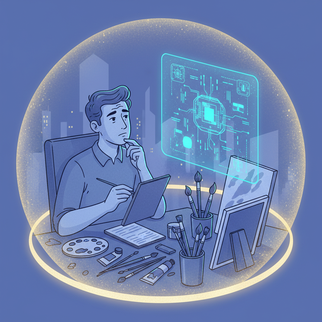 A conceptual illustration depicting a human artist looking thoughtfully at a holographic projection of AI-generated art, with a protective shield around the human's traditional art supplies. The scene suggests a tension between human creativity and AI capabilities, emphasizing the need for balance and intellectual property rights. Style: illustration. No text.