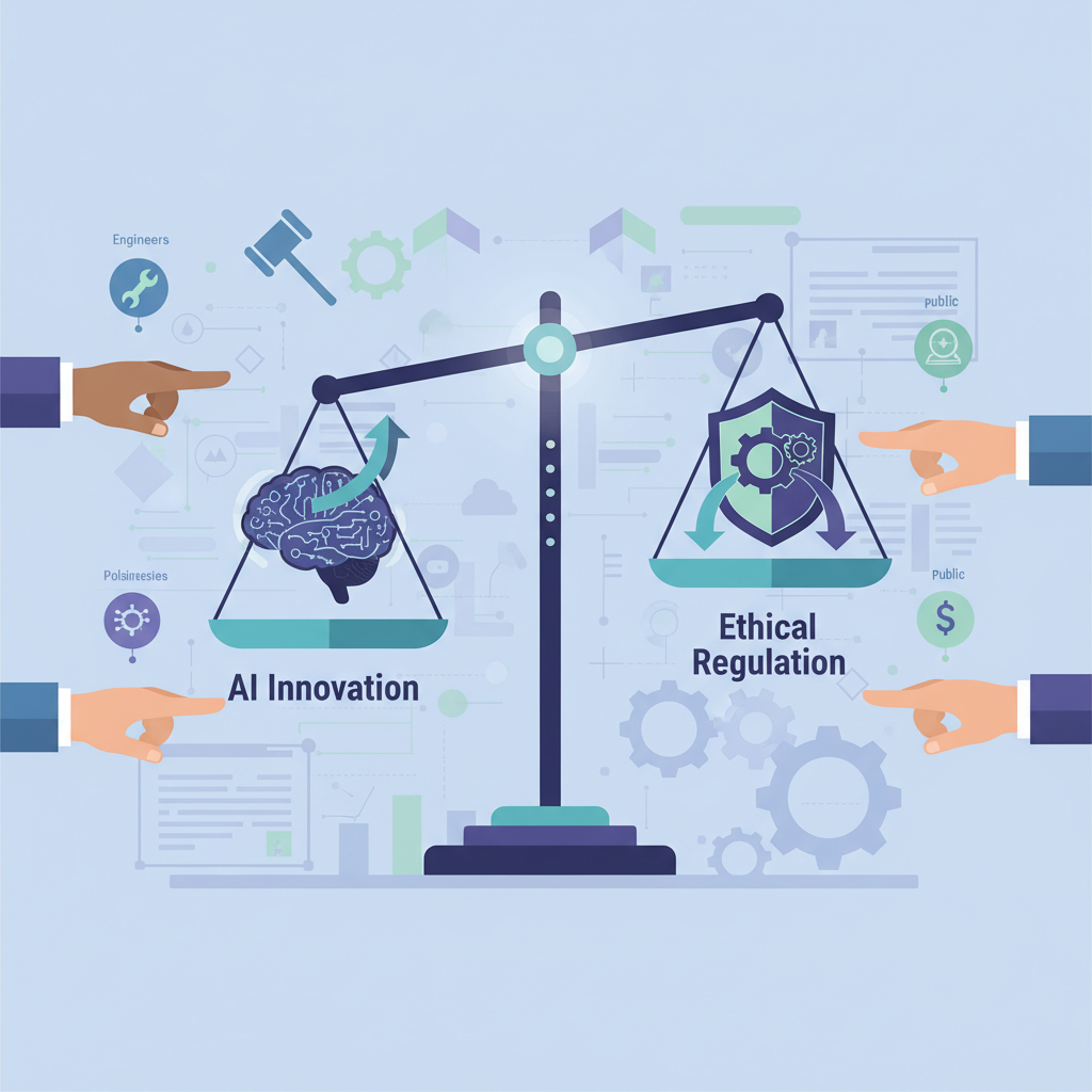 An infographic-style illustration showing a scale with "AI Innovation" on one side and "Ethical Regulation" on the other, trying to achieve balance. Hands are reaching towards the scale, representing different stakeholders. The background has faint digital lines and gears, symbolizing technology and governance. Clean infographic style. No text.
