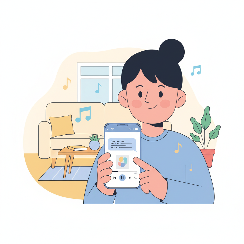 A Korean user interacting with ChatGPT on a smartphone, with Spotify app elements visible on the screen. The background shows a cozy living room with music notes subtly floating around. Clean infographic style, no text in image.