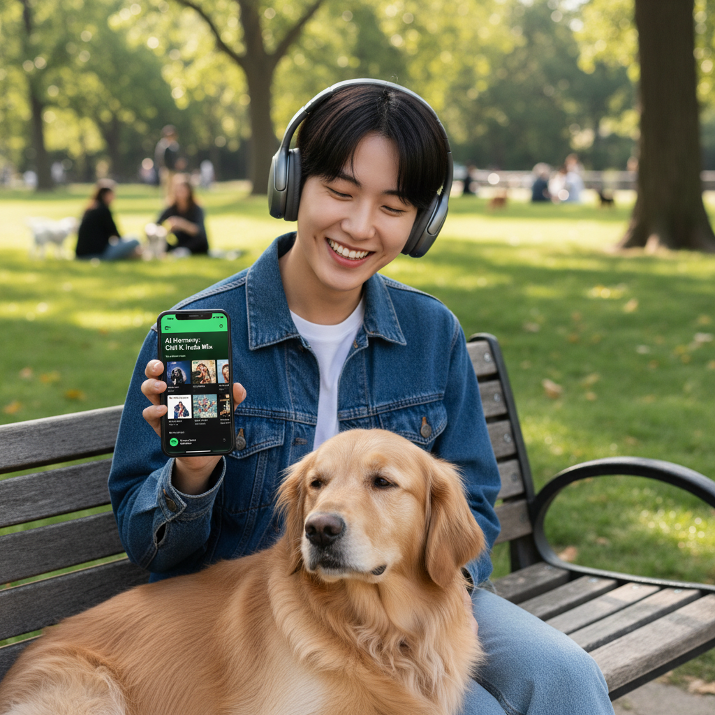 A Korean person happily listening to music through headphones, sitting on a park bench with a dog. On their smartphone screen, a personalized Spotify playlist generated by AI is visible. Lifestyle photography, no text.