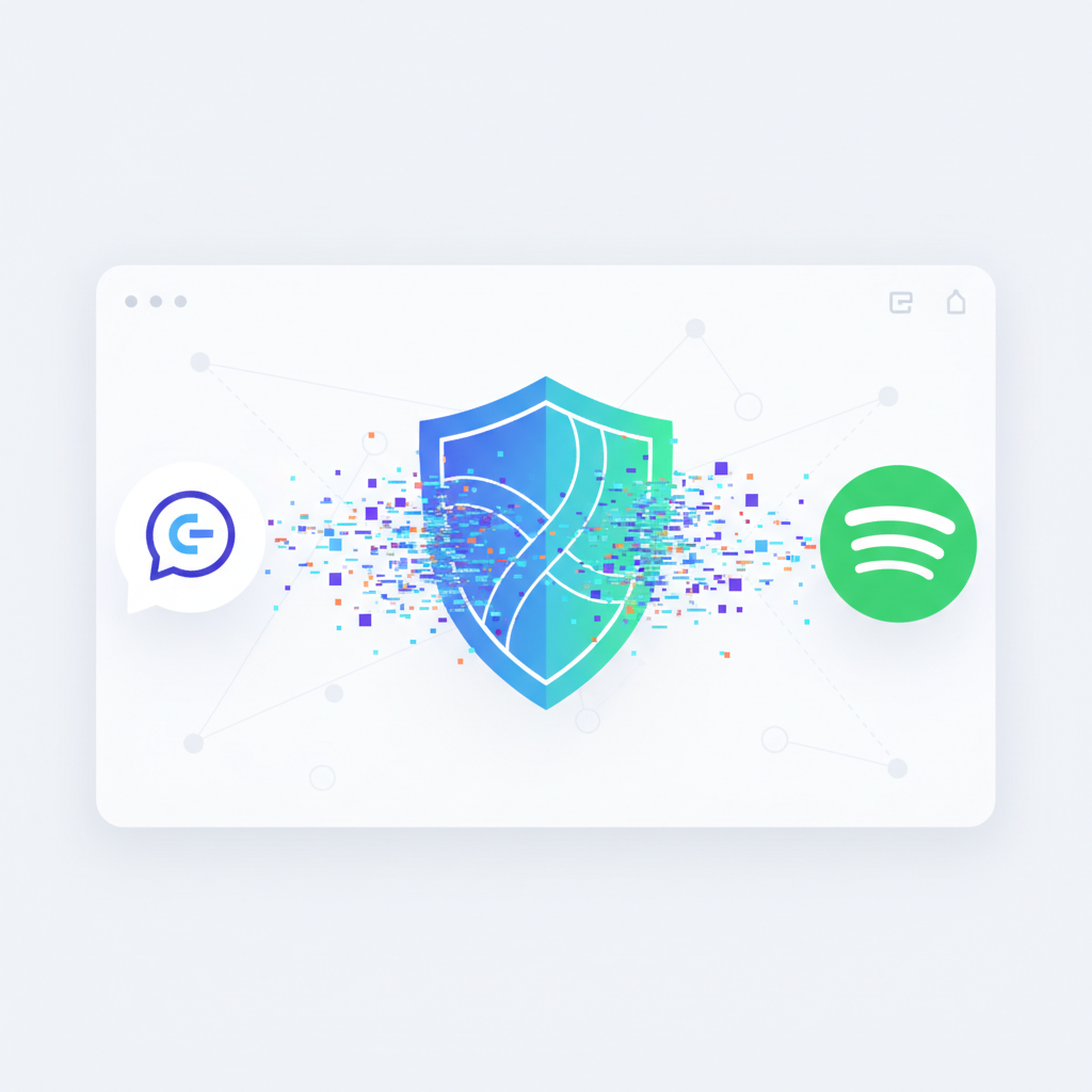 An abstract digital shield protecting data flowing between a ChatGPT logo and a Spotify logo, symbolizing data privacy and security. The background is a clean, modern interface. Clean infographic style, no text.
