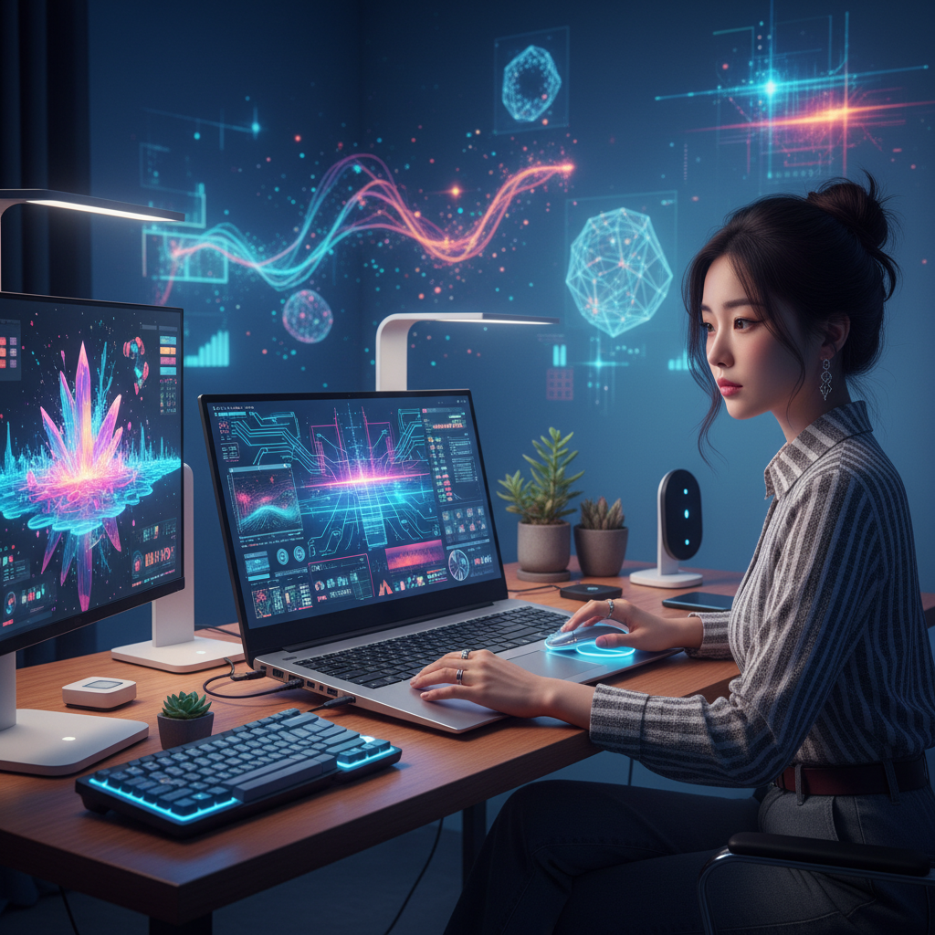 A Korean creator sitting at a desk with a laptop, intensely focused on using AI tools for content creation. The atmosphere is creative and modern, with subtle futuristic elements in the background, showing digital art or visual effects being generated. Style: vibrant lifestyle photography. No text.