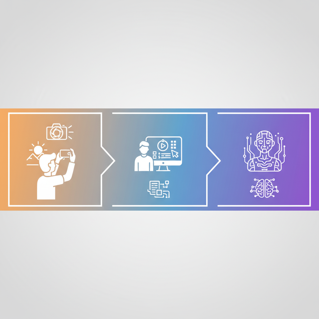 A clean infographic illustrating the spectrum from real to AI-generated content. On one end, a person capturing a live moment with a phone (real). In the middle, a person using AI for color correction on a video (hybrid). On the other end, a fully synthesized virtual character (AI-generated). Visuals use clear icons and a gentle gradient to show the blurring line. Style: clean, modern infographic. No text.