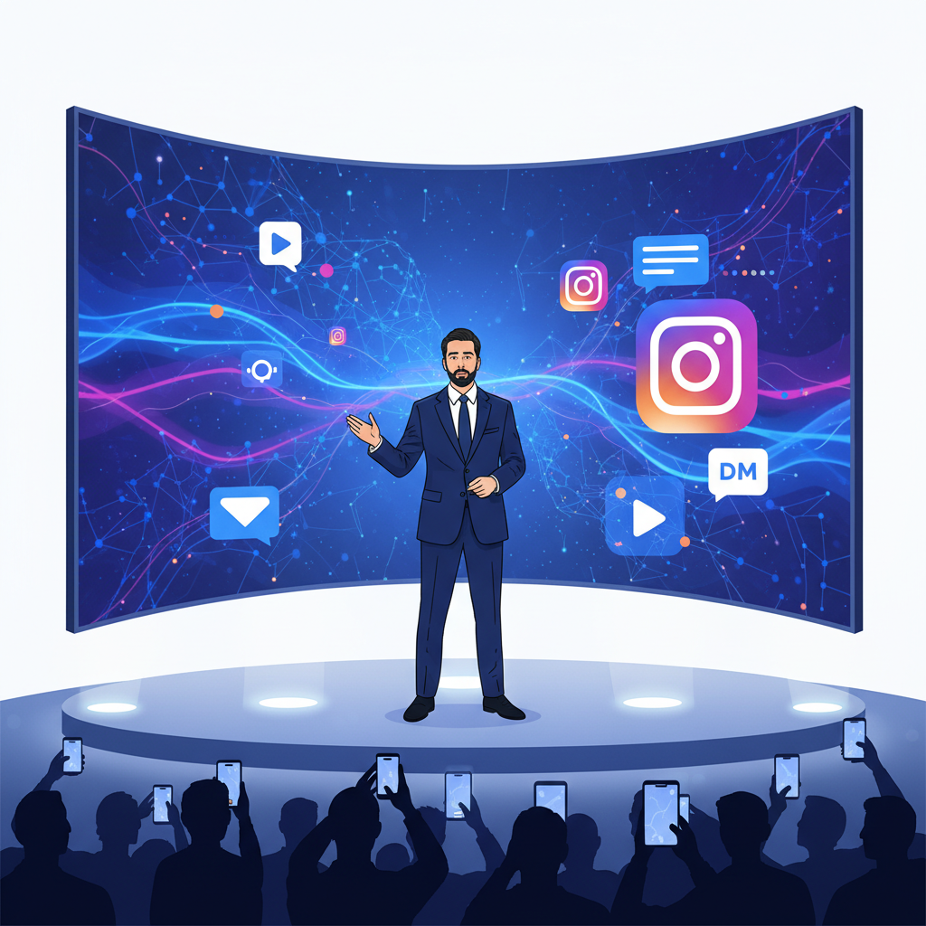 A professional illustration of Adam Mosseri, head of Instagram, giving a presentation on a stage. Behind him, a futuristic display board shows abstract representations of AI, Instagram Reels icons, and DM bubbles, symbolizing the future of social media. The style is modern business illustration with a clean aesthetic. No text.