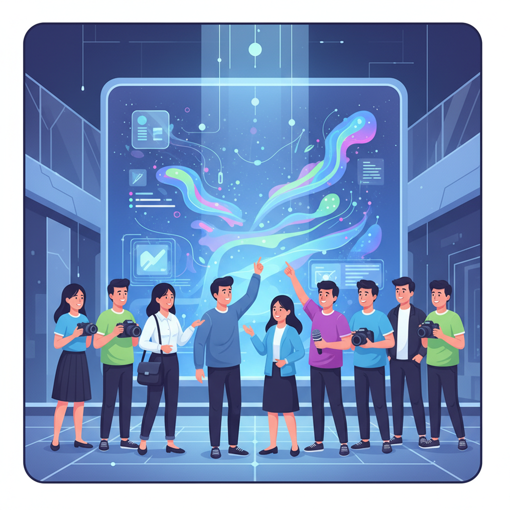 A diverse group of young Korean creators, some holding cameras or microphones, standing in front of a glowing digital screen displaying AI-generated content. The atmosphere is vibrant and futuristic, symbolizing new opportunities in the creative field. Clean infographic style. No text.