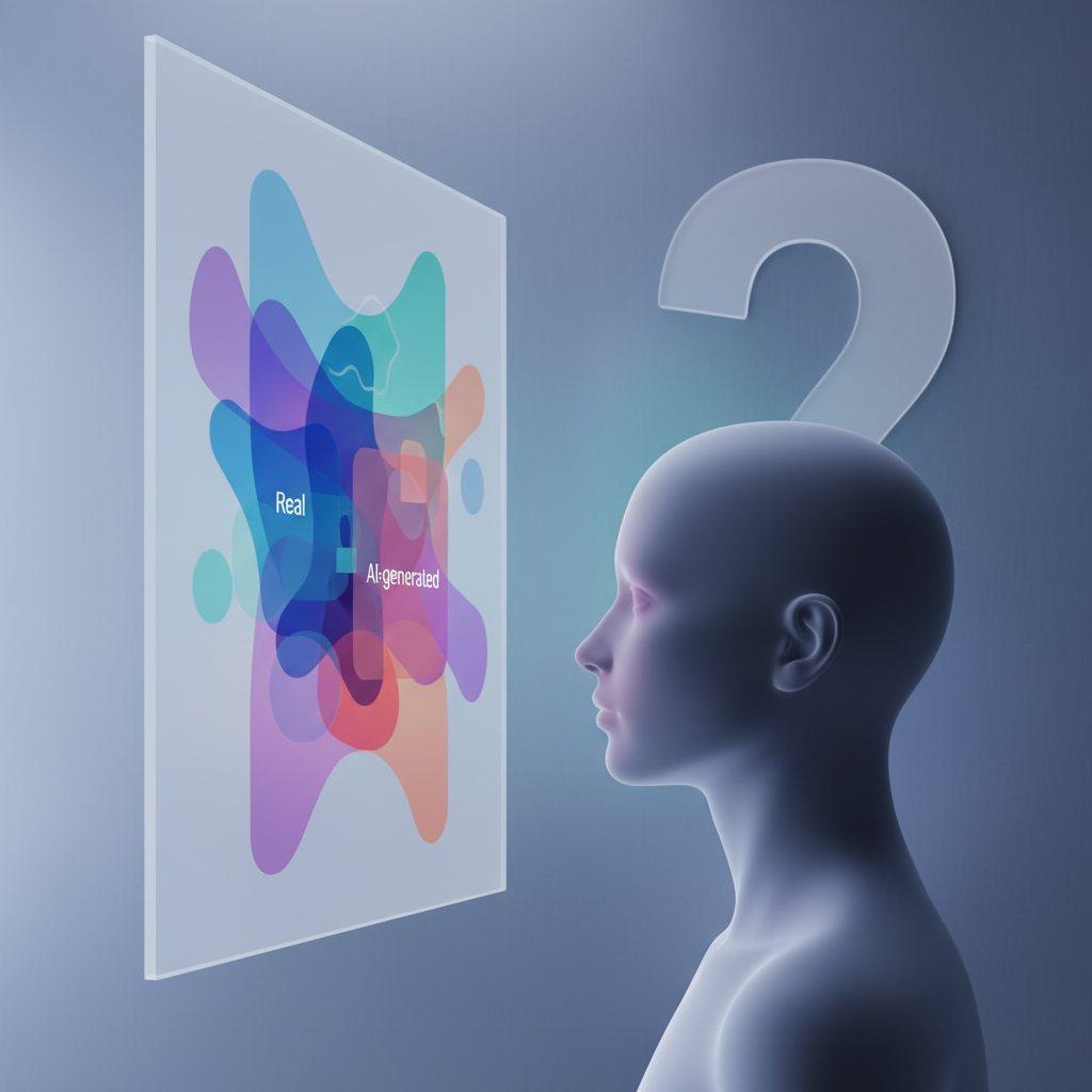 An abstract, clean infographic showing a person looking at a screen where real and AI-generated elements are blending seamlessly, represented by overlapping visual layers. A question mark symbol subtly integrated into the background, indicating uncertainty. Soft, futuristic lighting. No text.
