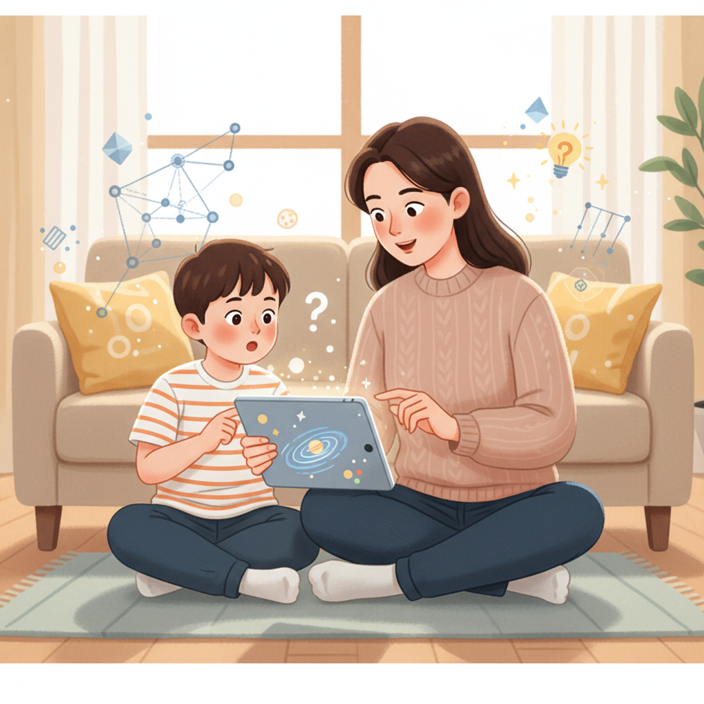 A Korean parent sitting with their child, looking at a tablet together. The child is questioning what they see, and the parent is gently explaining, with subtle digital elements in the background representing AI-generated content. Warm, educational atmosphere. Illustration style. No text.