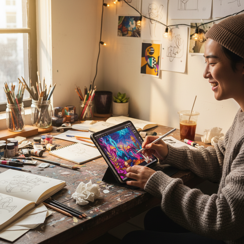 A Korean person enthusiastically using an iPad with an Apple Pencil, digital art on screen, surrounded by creative tools like sketches and colorful paints. The atmosphere is inspiring and dynamic. Lifestyle photography style. No text.