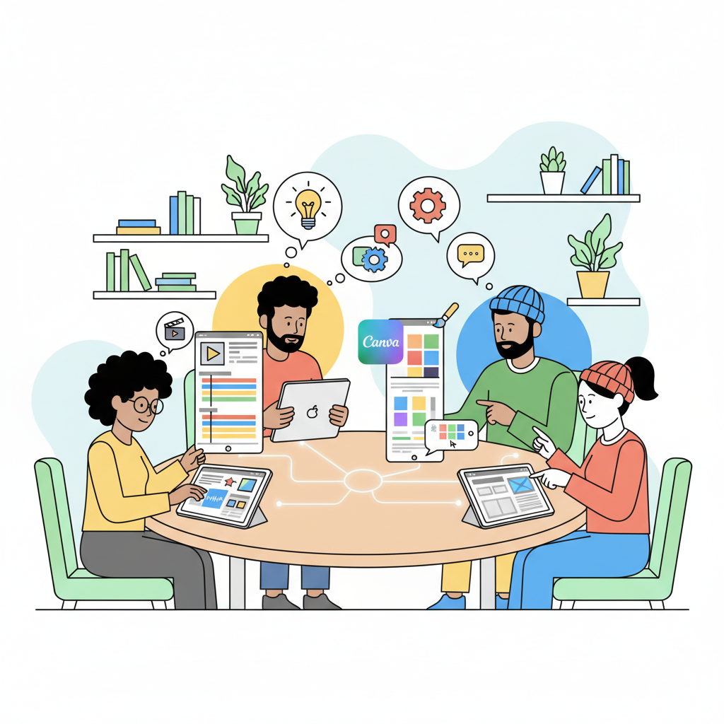 A diverse group of Korean people collaborating on creative projects using iPads, one editing video with LumaFusion, another designing a graphic with Canva. The scene is bright and productive. Infographic style. No text.