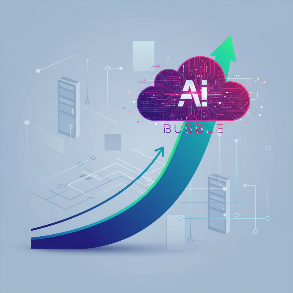 An infographic showing a rapidly rising stock market chart with "AI Bubble" indicated at its peak, symbolizing rapid growth and potential instability. The background has subtle elements of digital networks and computing. Clean infographic style, no text.