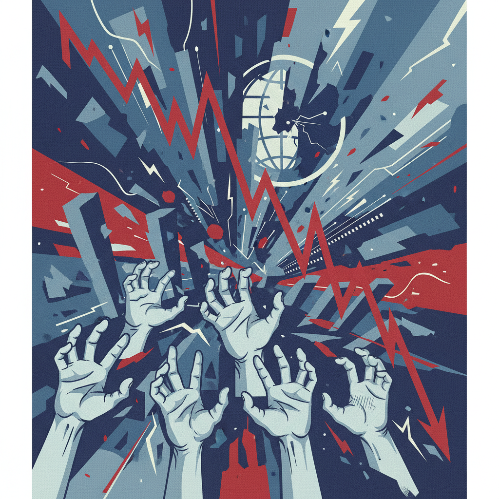 A dynamic illustration depicting a stock market graph plummeting dramatically, with stylized hands reaching out in panic or distress. The background subtly suggests a volatile financial environment. Illustration style, no text.